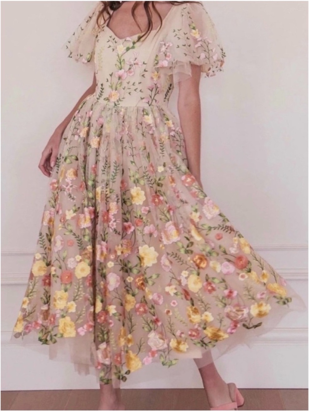 JessaKae Beige Midi Dress with Pink & Yellow Floral Embroidery